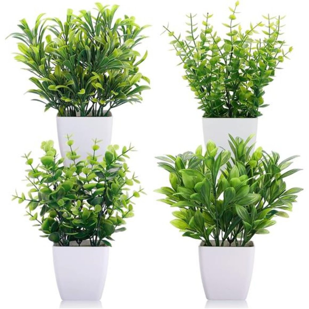 Set of 4Artificial Plants Fake Mini Potted Plant Small Greenery Decor for Indoor